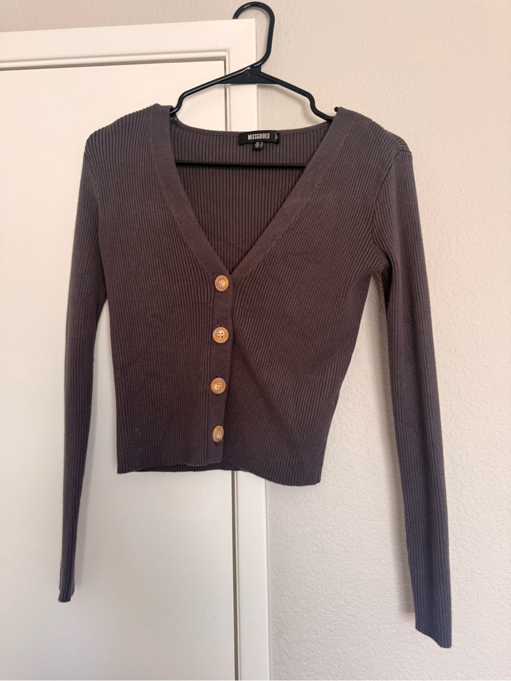 Missguided Charcoal Ribbed V-Neck Button-Up Cardigan